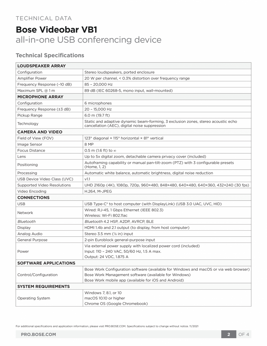 Pagina 2 - Sistem Bose videobar BOSE Bose videobar VB1 Fisa tehnica Engleza zed conference rooms...