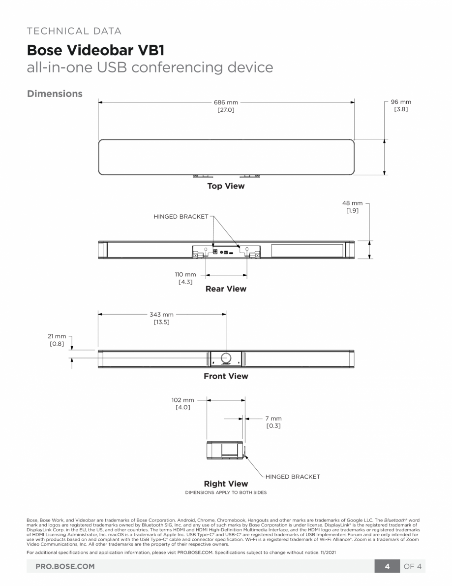 Pagina 4-Sistem Bose videobar BOSE Bose videobar VB1 Fisa tehnica Engleza Bose Videobar VB1
all-in-one USB...