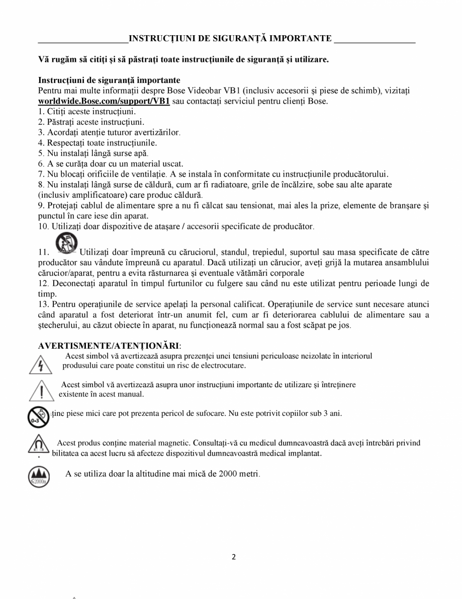 Pagina 2-Ghidul utilizatorului - Videobar  BOSE Bose videobar VB1 Instructiuni montaj, utilizare Romana ...