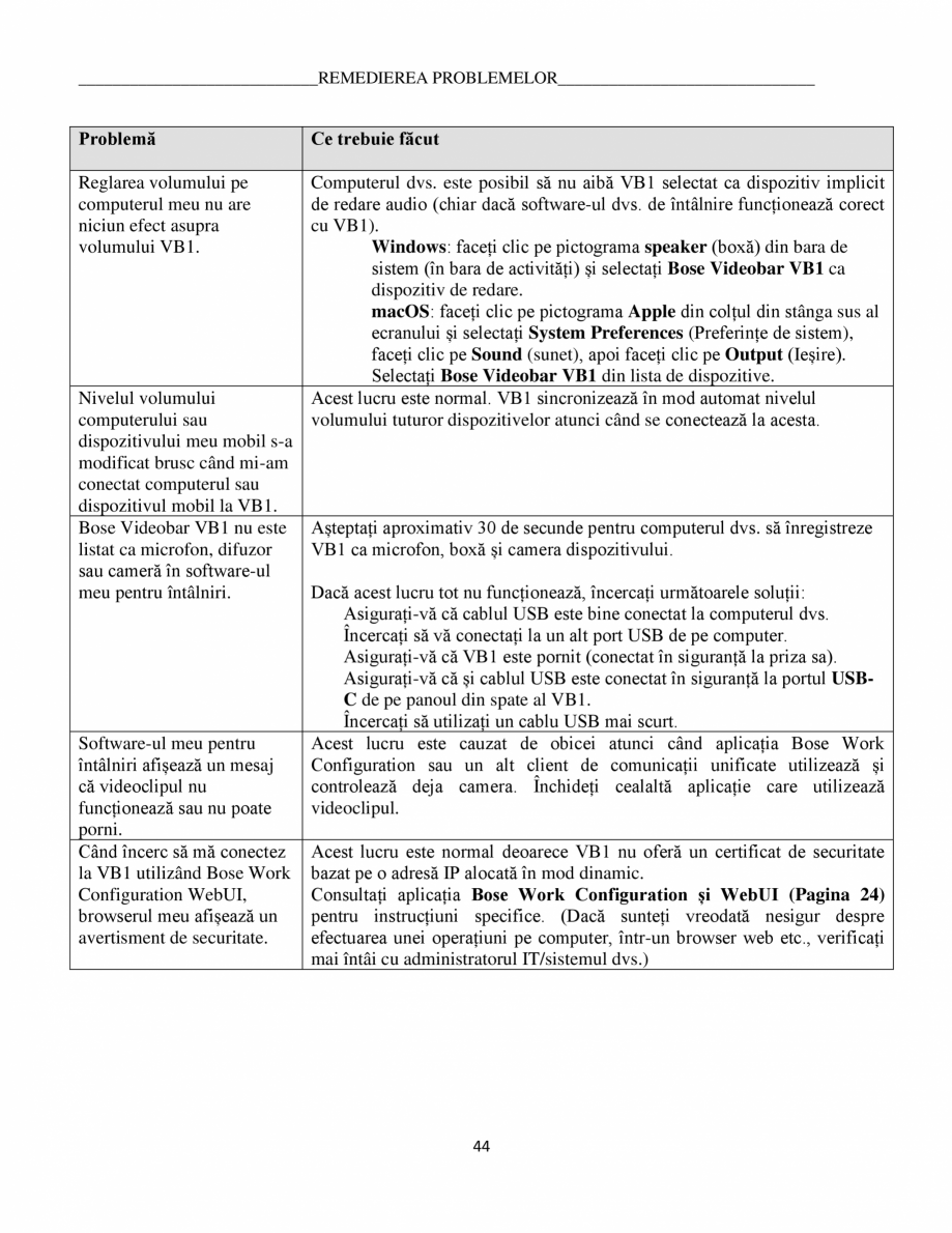 Pagina 44-Ghidul utilizatorului - Videobar  BOSE Bose videobar VB1 Instructiuni montaj, utilizare Romana  a...