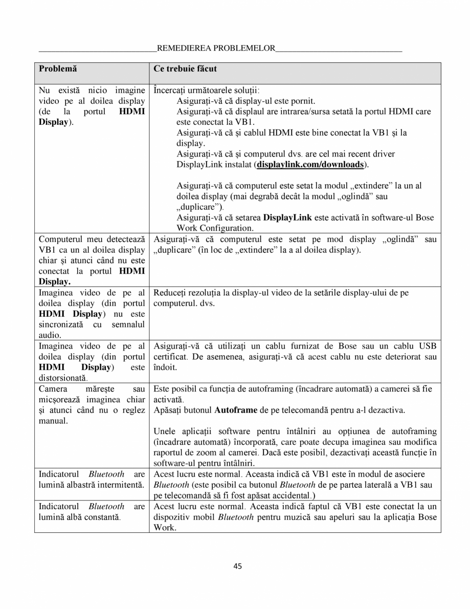 Pagina 45-Ghidul utilizatorului - Videobar  BOSE Bose videobar VB1 Instructiuni montaj, utilizare Romana vă...