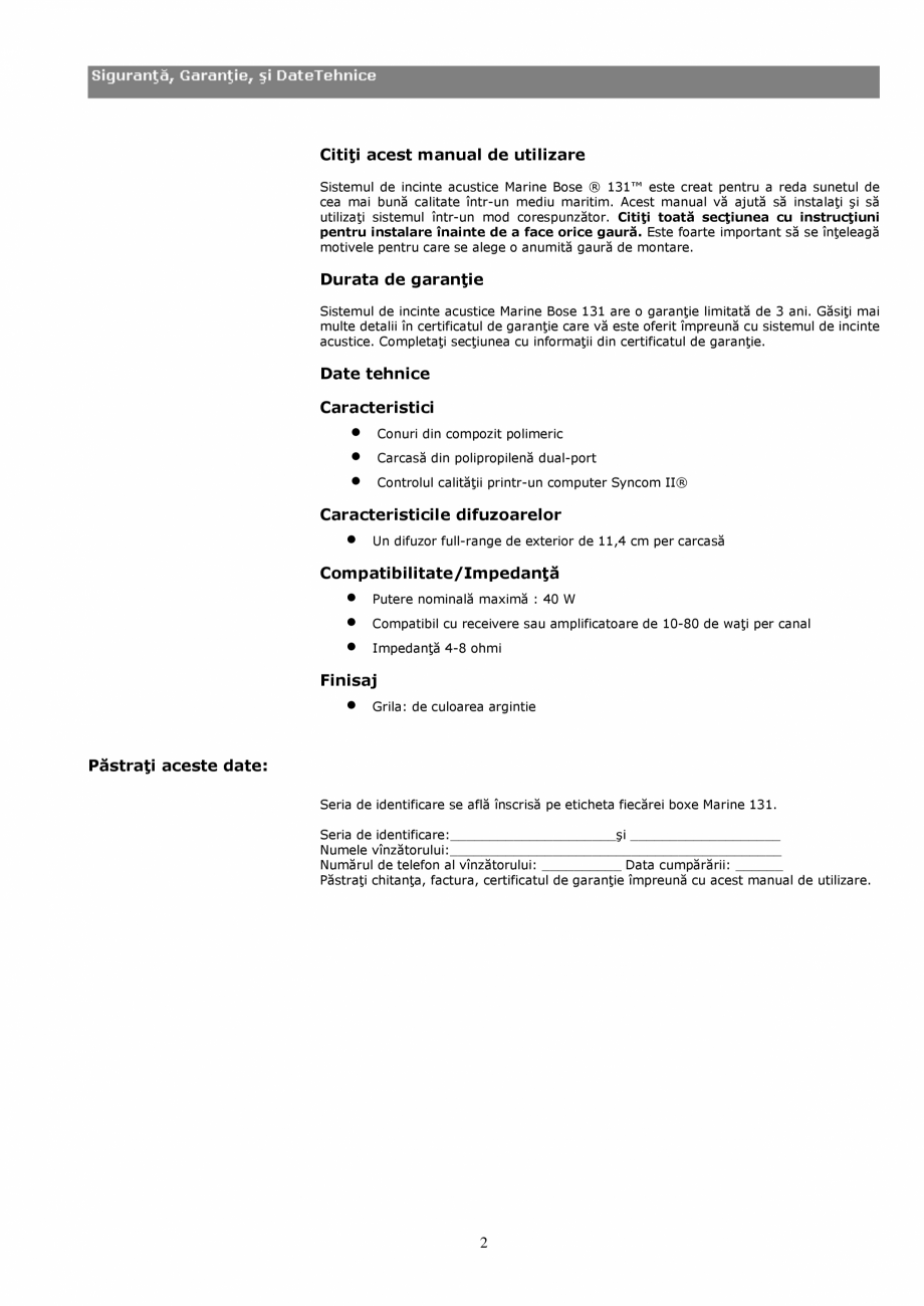 Pagina 2 - Manual de utilizare - boxe cu fir pentru exterior BOSE 131 Instructiuni montaj, utilizare...