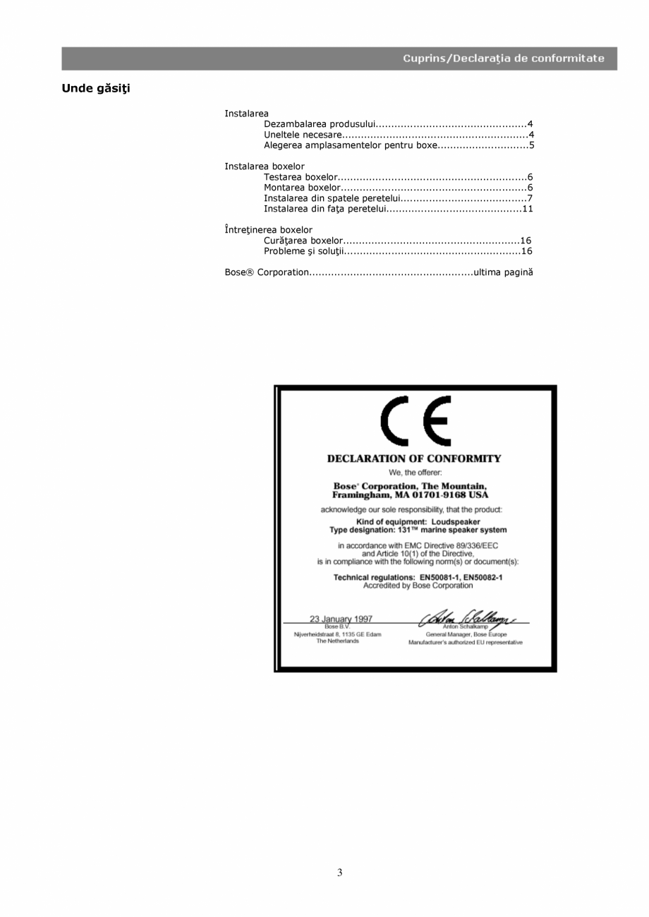 Pagina 3 - Manual de utilizare - boxe cu fir pentru exterior BOSE 131 Instructiuni montaj, utilizare...