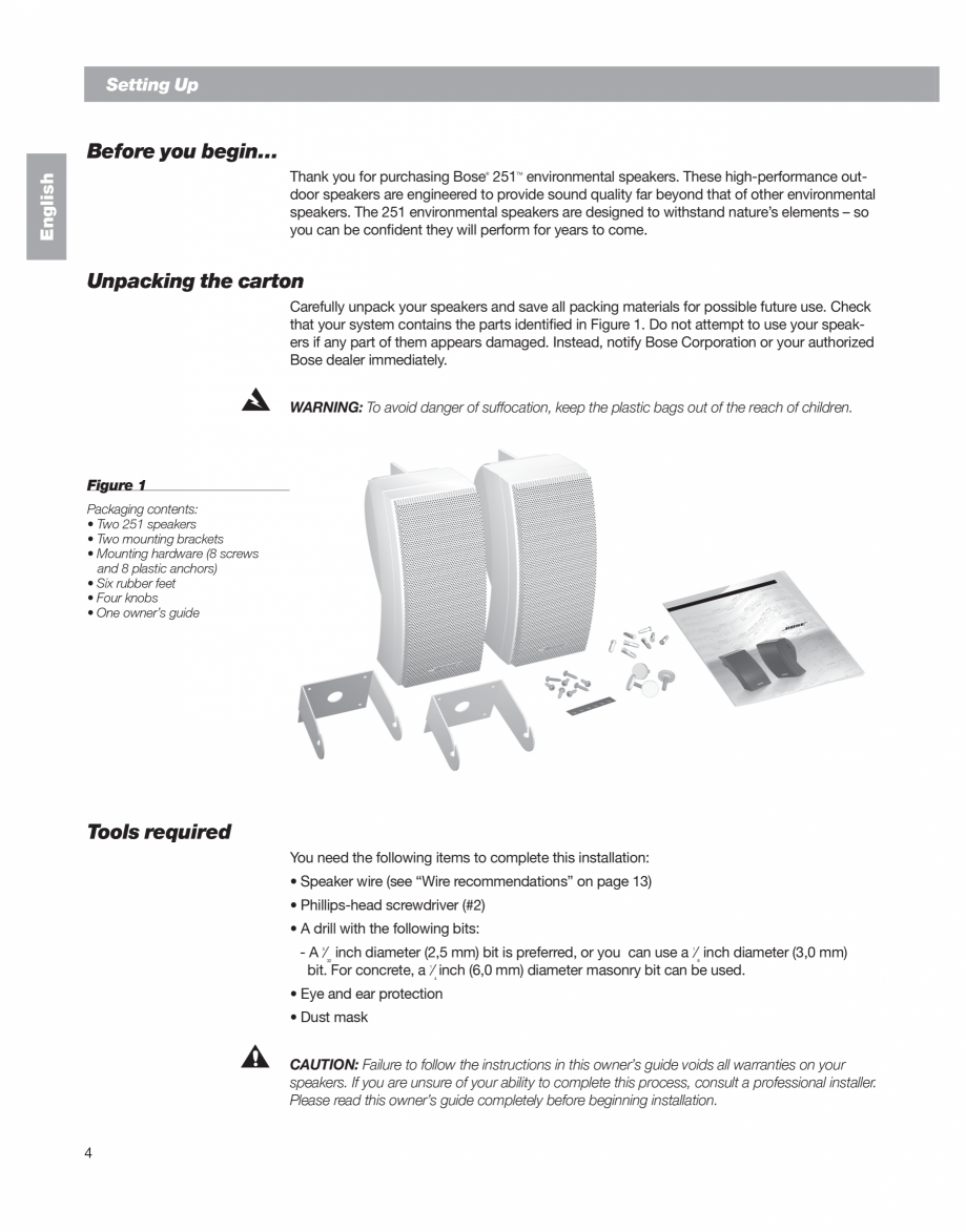 Pagina 4-Manual de utilizare - boxe cu fir pentru exterior BOSE 251 Instructiuni montaj, utilizare Engleza,...