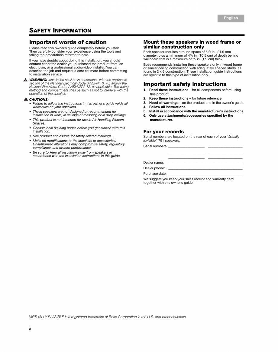 Pagina 2-Manual de utilizare - boxe stereo BOSE 791 Instructiuni montaj, utilizare Engleza t estimate before ...