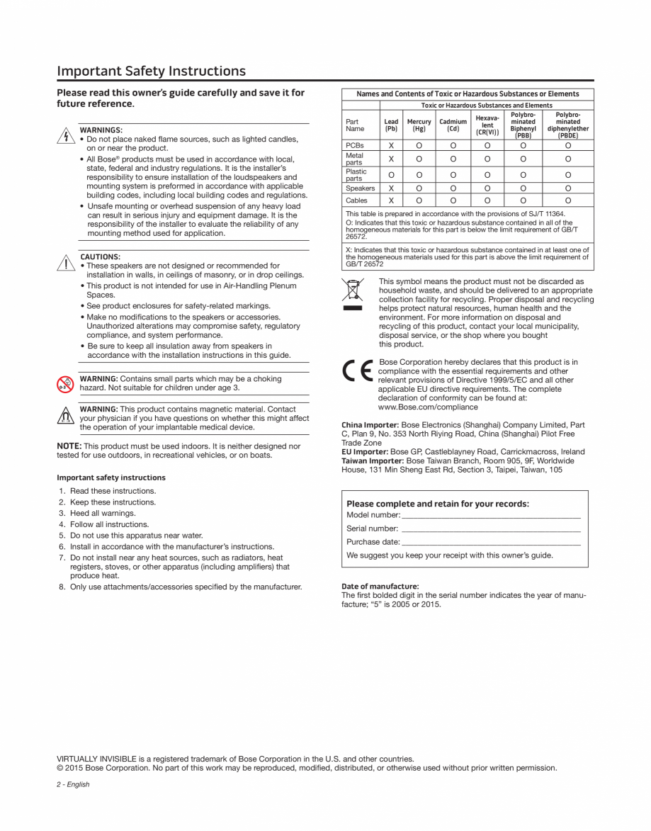 Pagina 2-Manual de utilizare pentru boxe stereo BOSE 791 Instructiuni montaj, utilizare Engleza y and...