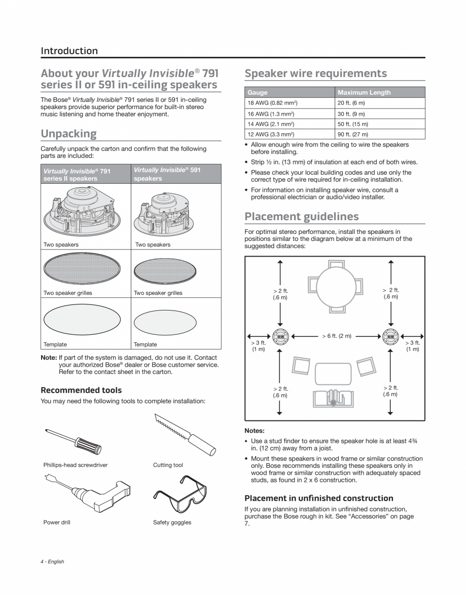 Pagina 4-Manual de utilizare pentru boxe stereo BOSE 791 Instructiuni montaj, utilizare Engleza e provisions ...