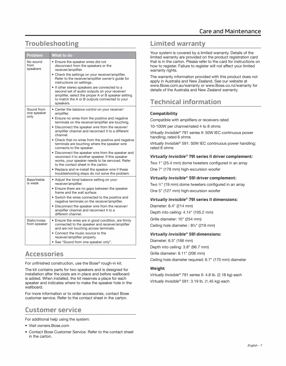Pagina 7-Manual de utilizare pentru boxe stereo BOSE 791 Instructiuni montaj, utilizare Engleza ................