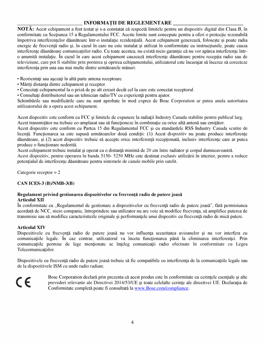 Pagina 4-Manual de utilizare - Bas wireless BOSE 700 Black Instructiuni montaj, utilizare Romana u acest...
