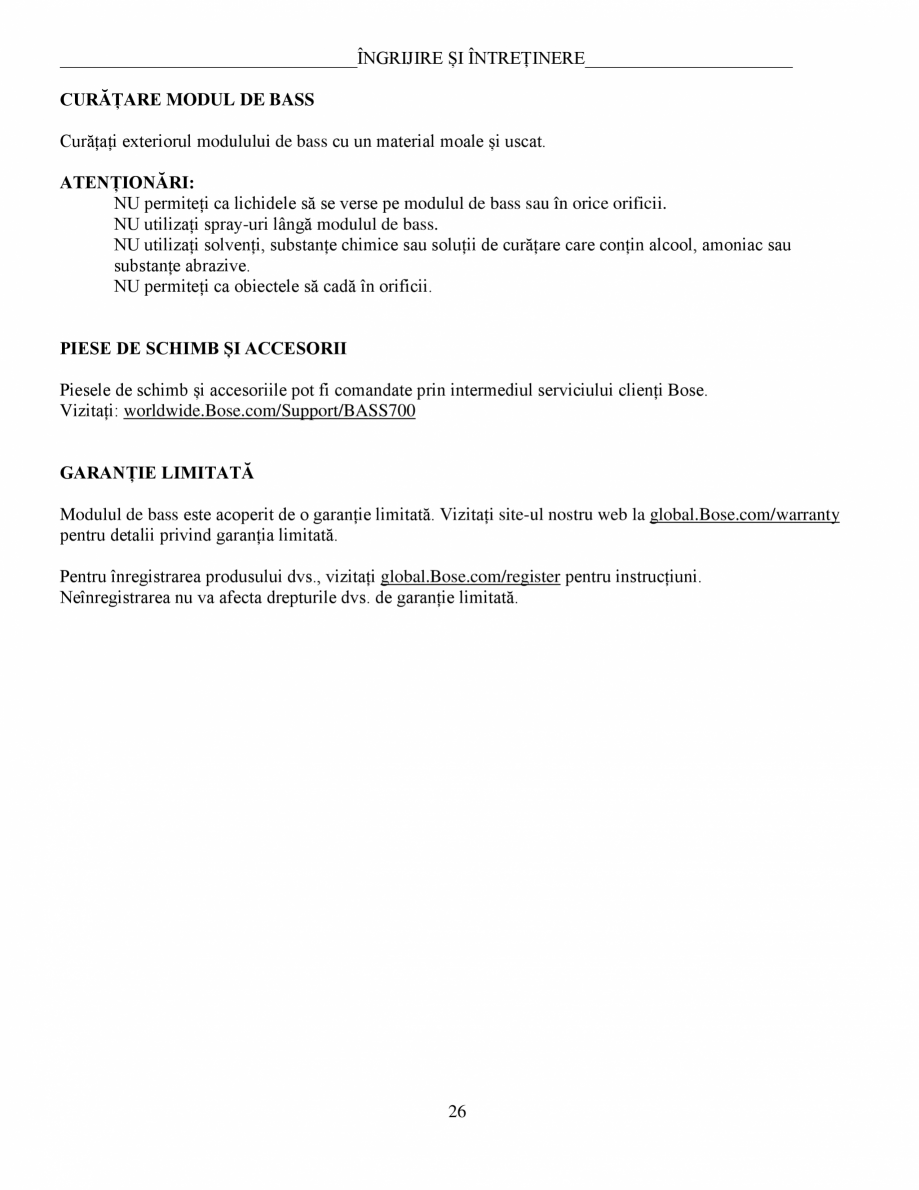 Pagina 26-Manual de utilizare - Bas wireless BOSE 700 Black Instructiuni montaj, utilizare Romana  a setului...
