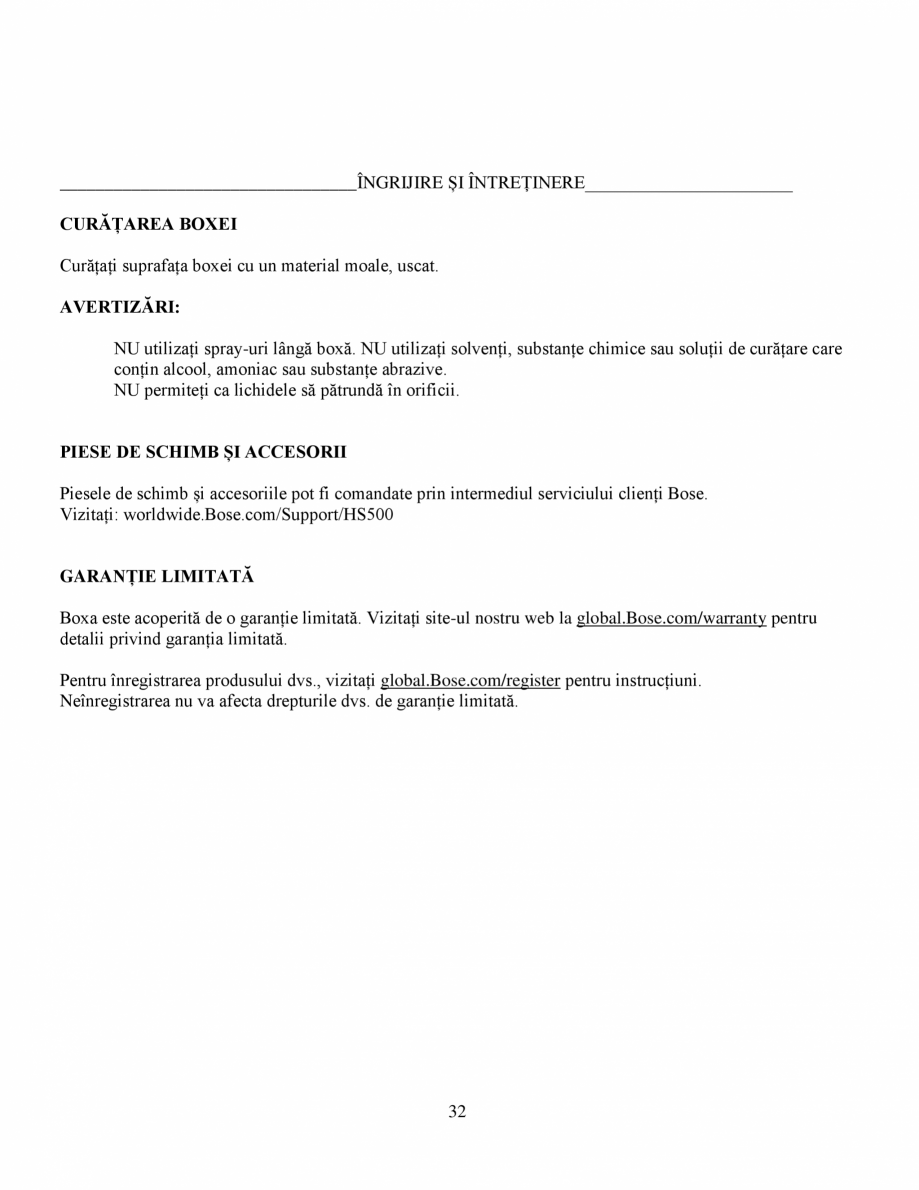 Pagina 32-Manual de utilizare - Bose Home Speaker 500 BOSE Home Speaker 500  Instructiuni montaj,...