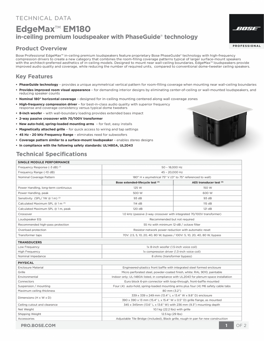 Pagina 1-Boxe profesionale BOSE EdgeMax Fisa tehnica Engleza TECHNICAL DATA

EdgeMax™ EM180

in-ceiling...