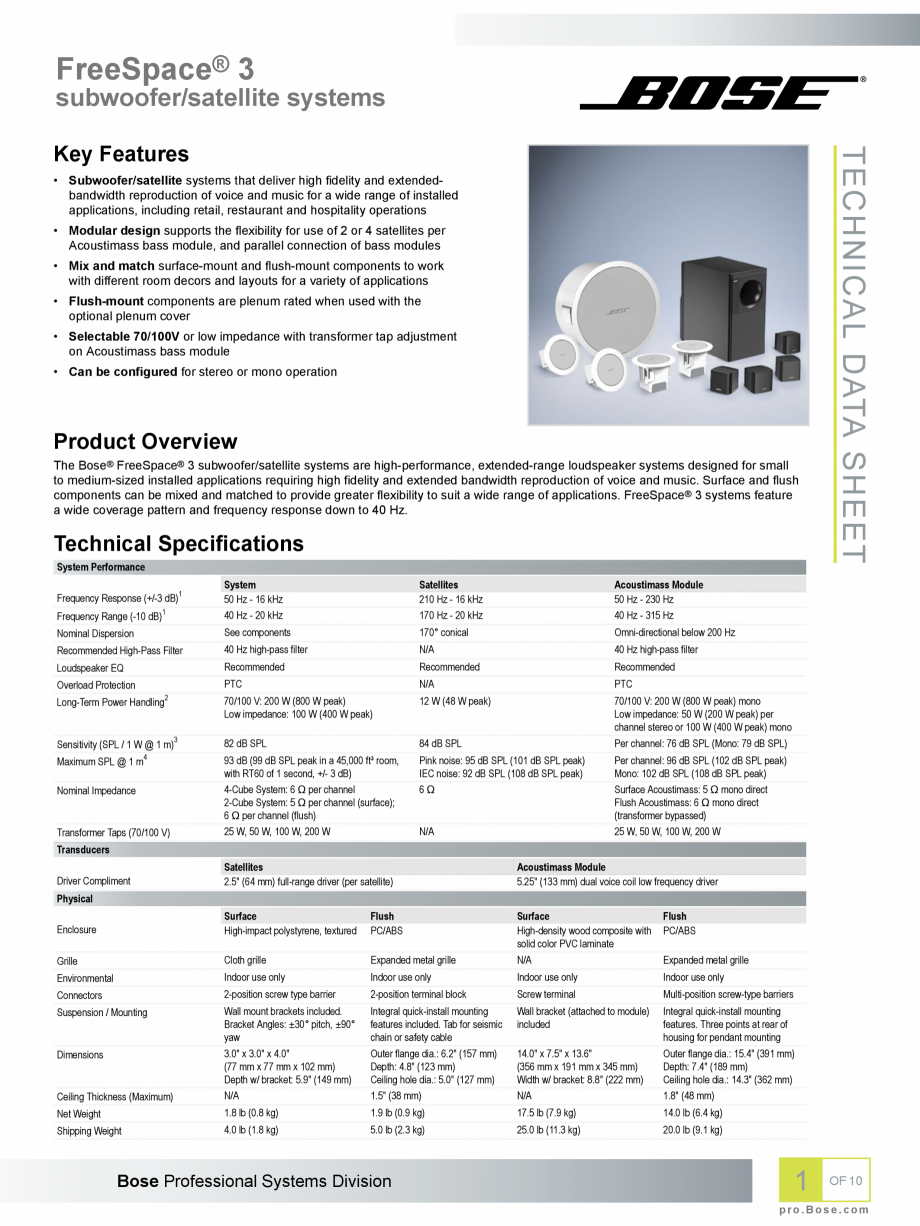 Pagina 1-Boxe profesionale cu montaj la suprafata BOSE Bose FreeSpace 3 Fisa tehnica Engleza FreeSpace® 3
...