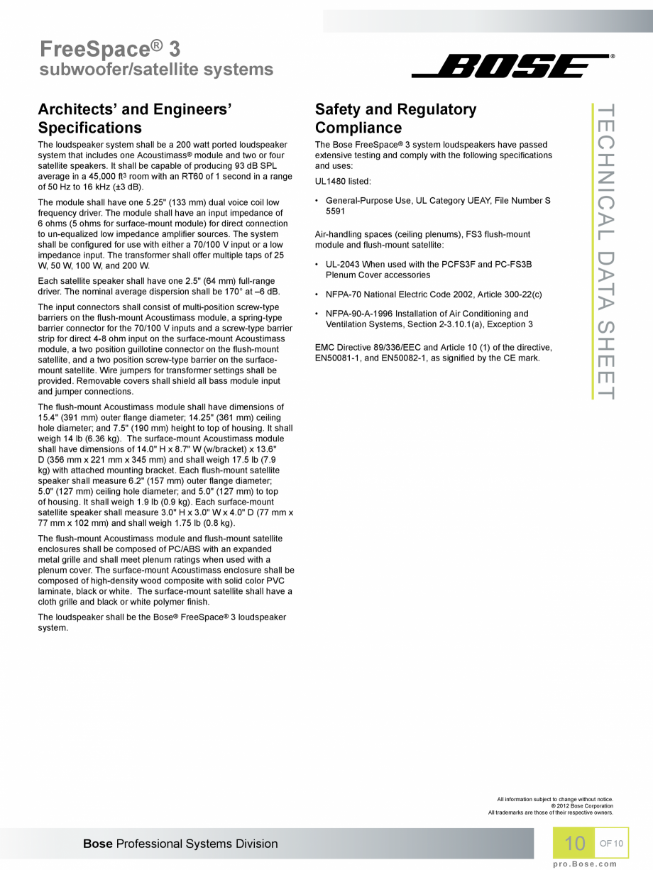 Pagina 10-Boxe profesionale cu montaj la suprafata BOSE Bose FreeSpace 3 Fisa tehnica Engleza -30 -24 -18 -12 ...