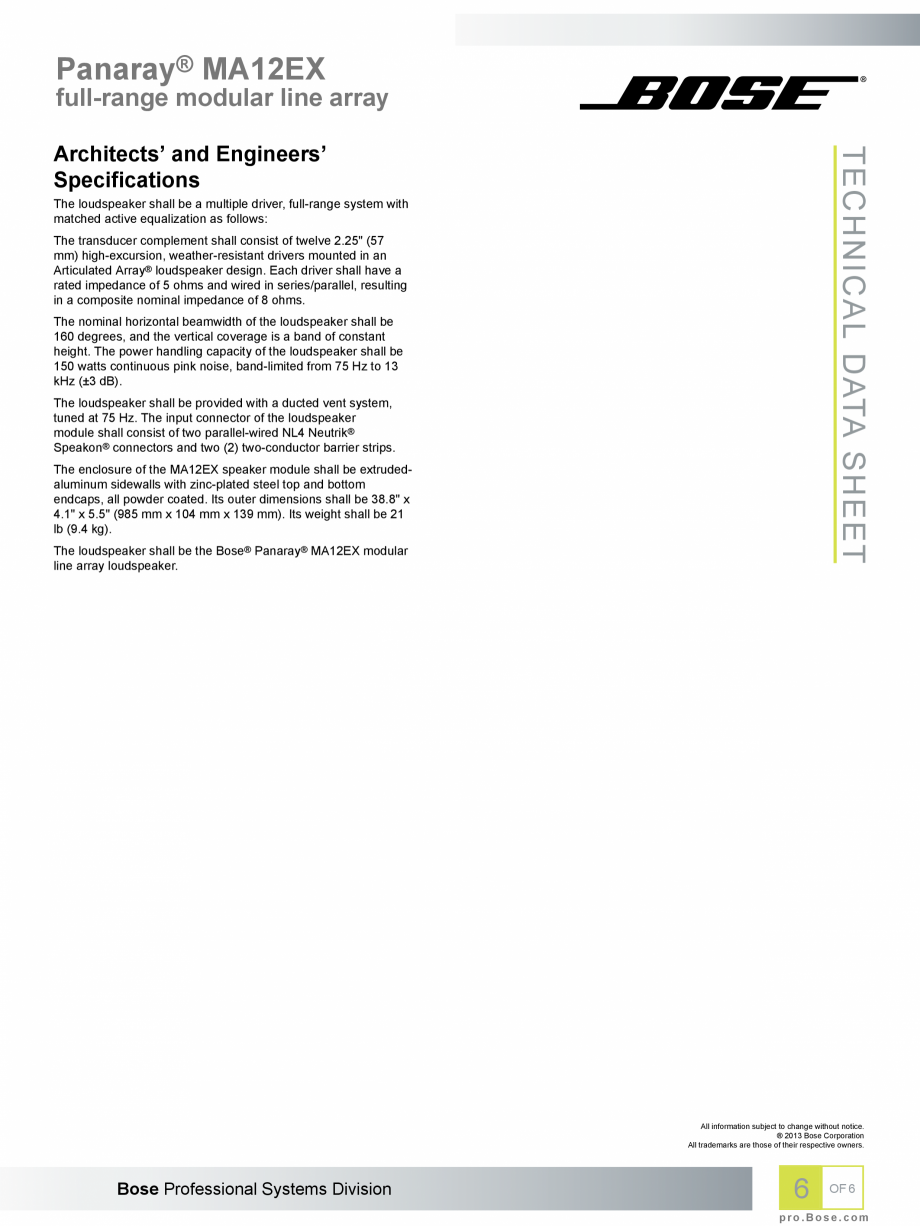 Pagina 6-Boxele-coloana BOSE Panaray MA12EX Fisa tehnica Engleza 
Speakon® connectors and two (2)...