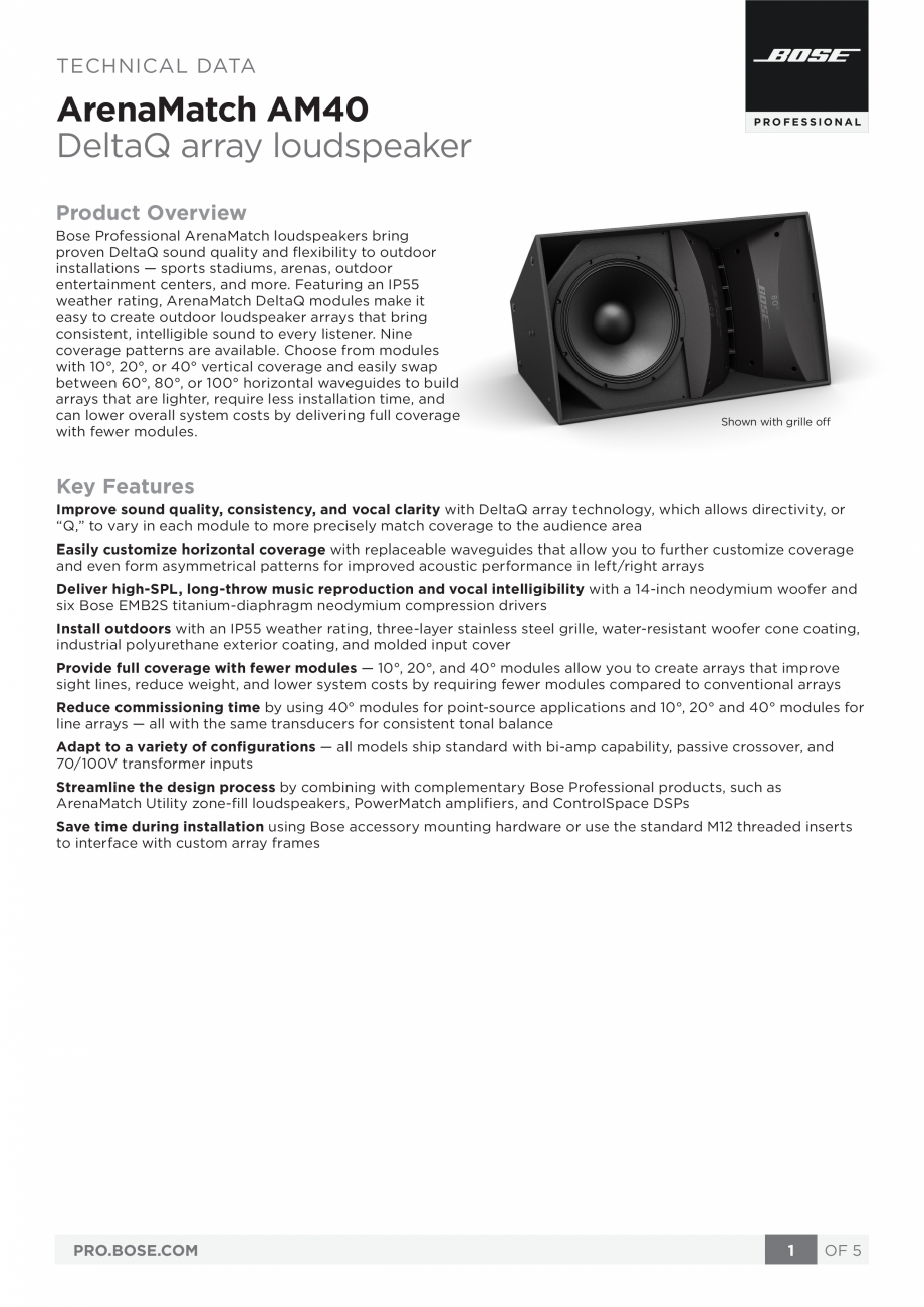 Pagina 1-Boxe profesionale BOSE ArenaMatch AM40 Fisa tehnica Engleza TECHNICAL DATA

ArenaMatch AM40
DeltaQ...