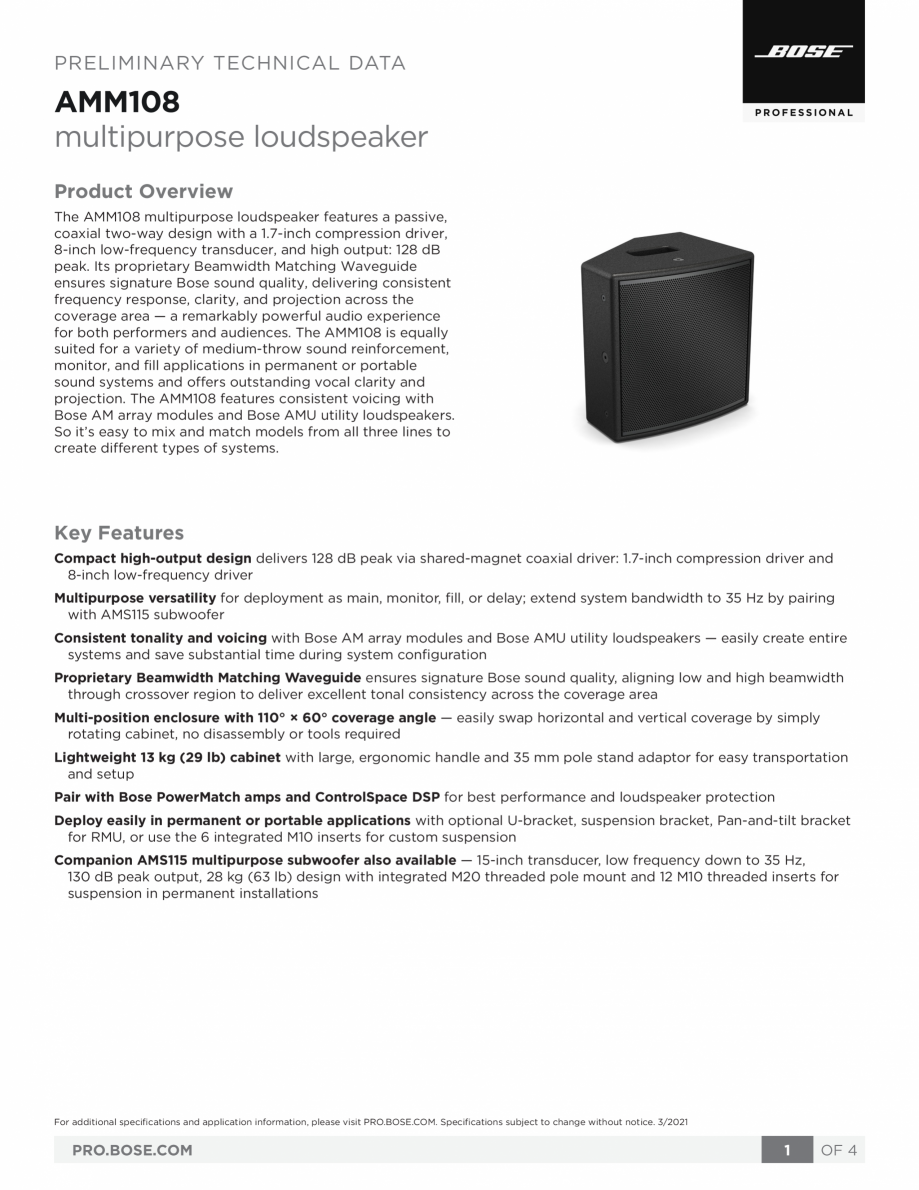 Pagina 1-Boxa multifunctionala  Bose BOSE AMM108 Fisa tehnica Engleza PRELIMINARY TECHNICAL DATA

AMM108...