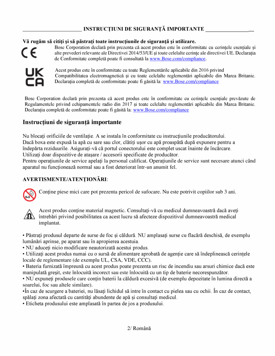Pagina 2-Manual de utilizare - boxa portabila BOSE SoundLink Max Instructiuni montaj, utilizare Romana ...