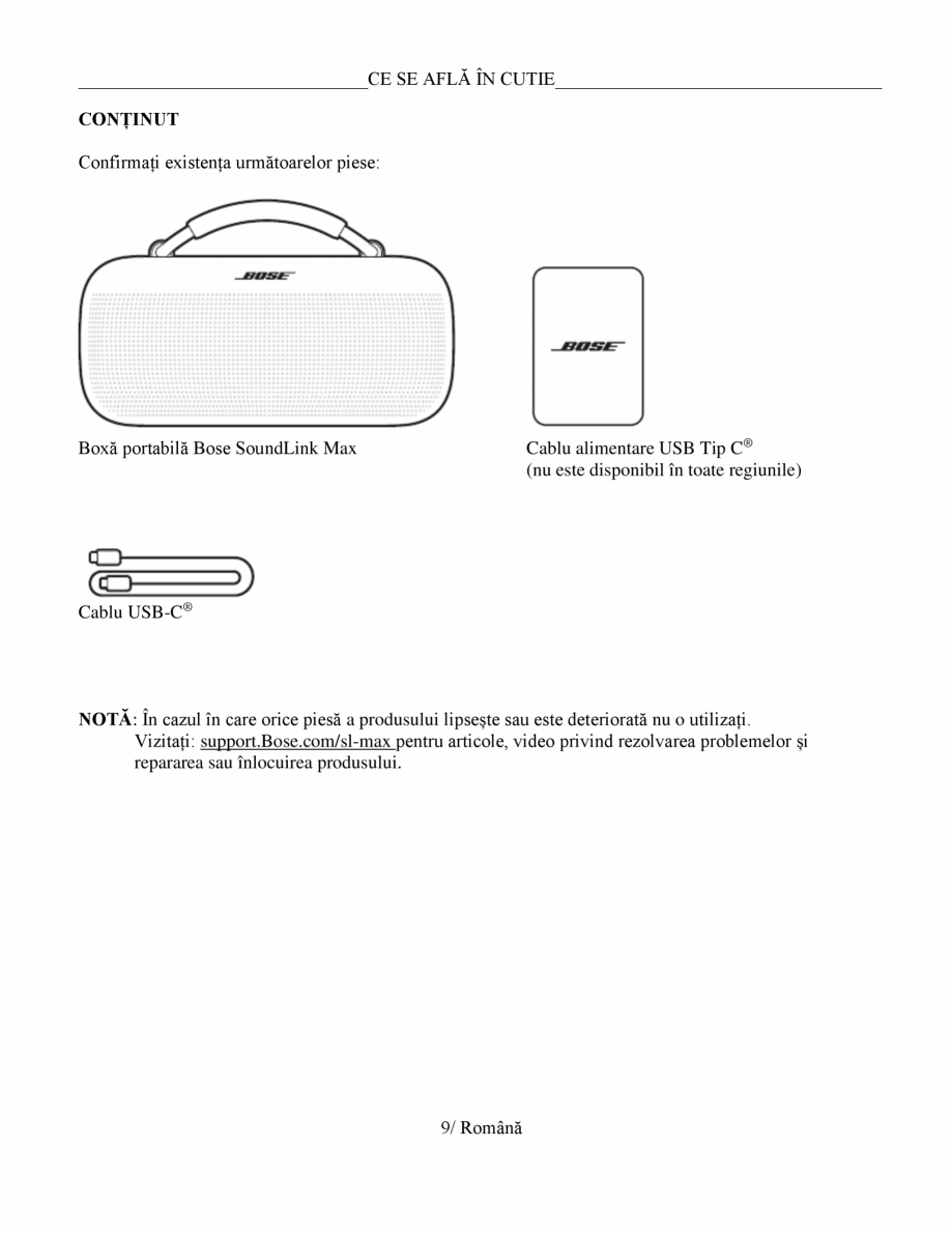 Pagina 9-Manual de utilizare - boxa portabila BOSE SoundLink Max Instructiuni montaj, utilizare Romana  tip: ...