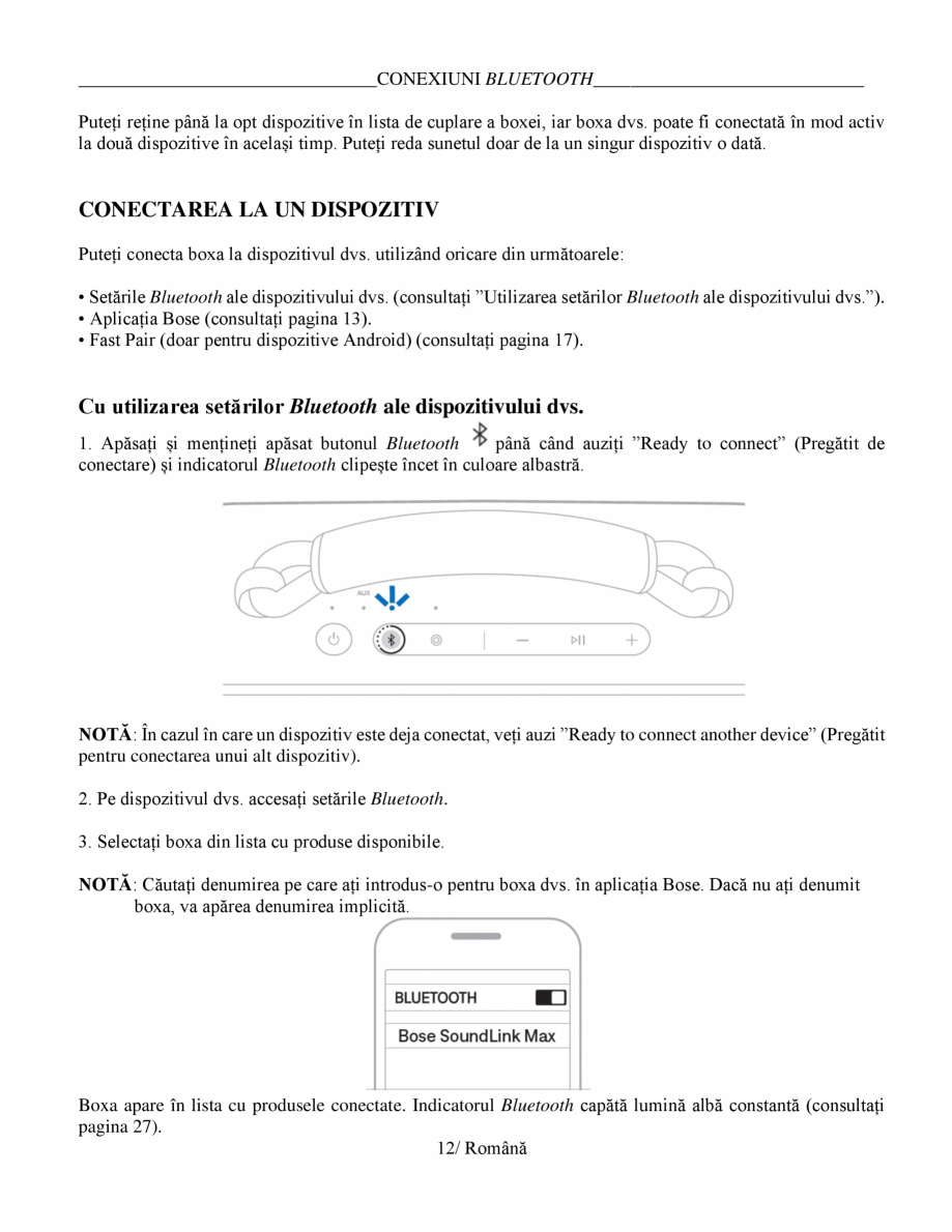 Pagina 12-Manual de utilizare - boxa portabila BOSE SoundLink Max Instructiuni montaj, utilizare Romana iale...