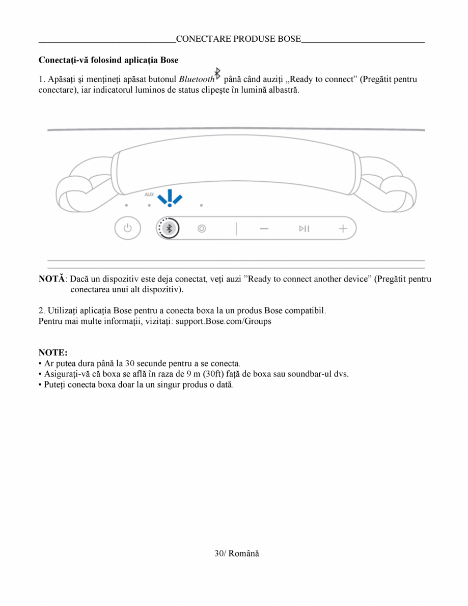 Pagina 30-Manual de utilizare - boxa portabila BOSE SoundLink Max Instructiuni montaj, utilizare Romana teriei...