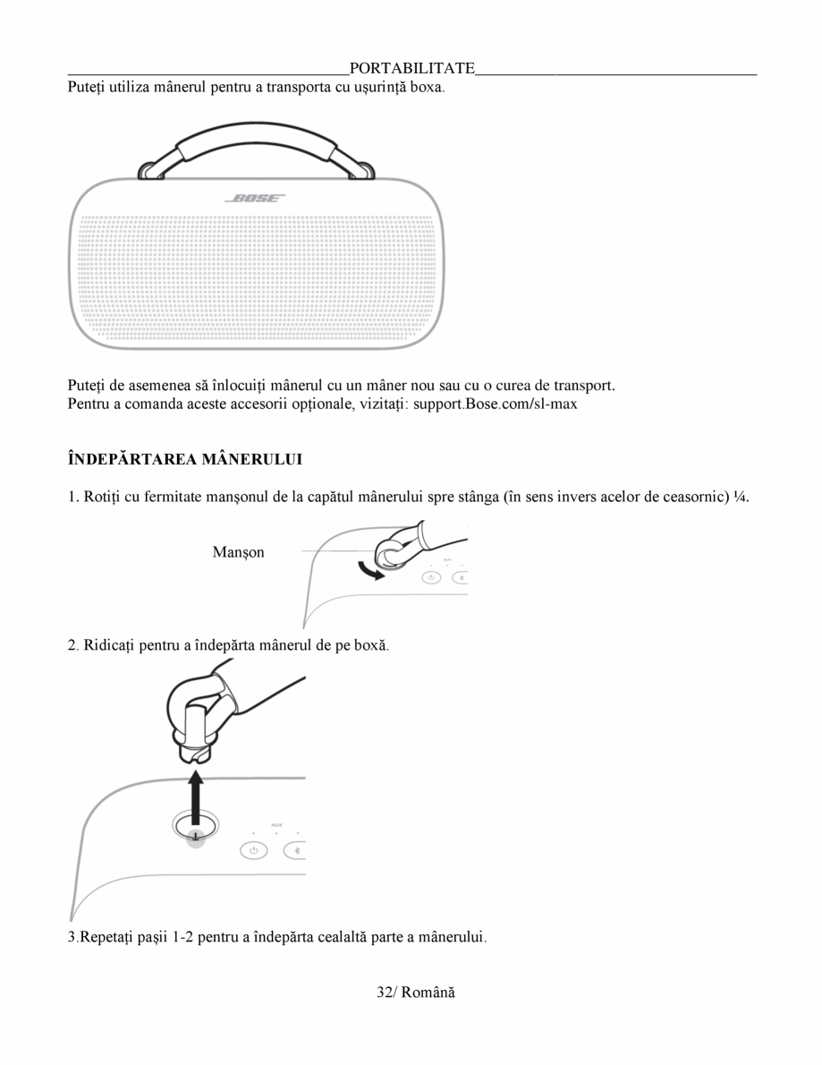 Pagina 32-Manual de utilizare - boxa portabila BOSE SoundLink Max Instructiuni montaj, utilizare Romana...