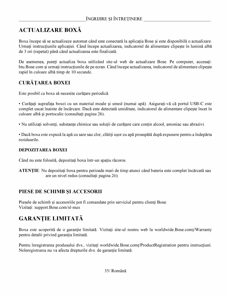 Pagina 35-Manual de utilizare - boxa portabila BOSE SoundLink Max Instructiuni montaj, utilizare Romana...
