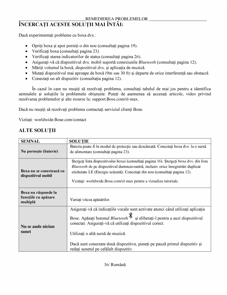 Pagina 36-Manual de utilizare - boxa portabila BOSE SoundLink Max Instructiuni montaj, utilizare Romana le ale...