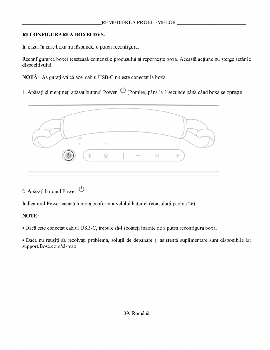 Pagina 39-Manual de utilizare - boxa portabila BOSE SoundLink Max Instructiuni montaj, utilizare Romana nă

....
