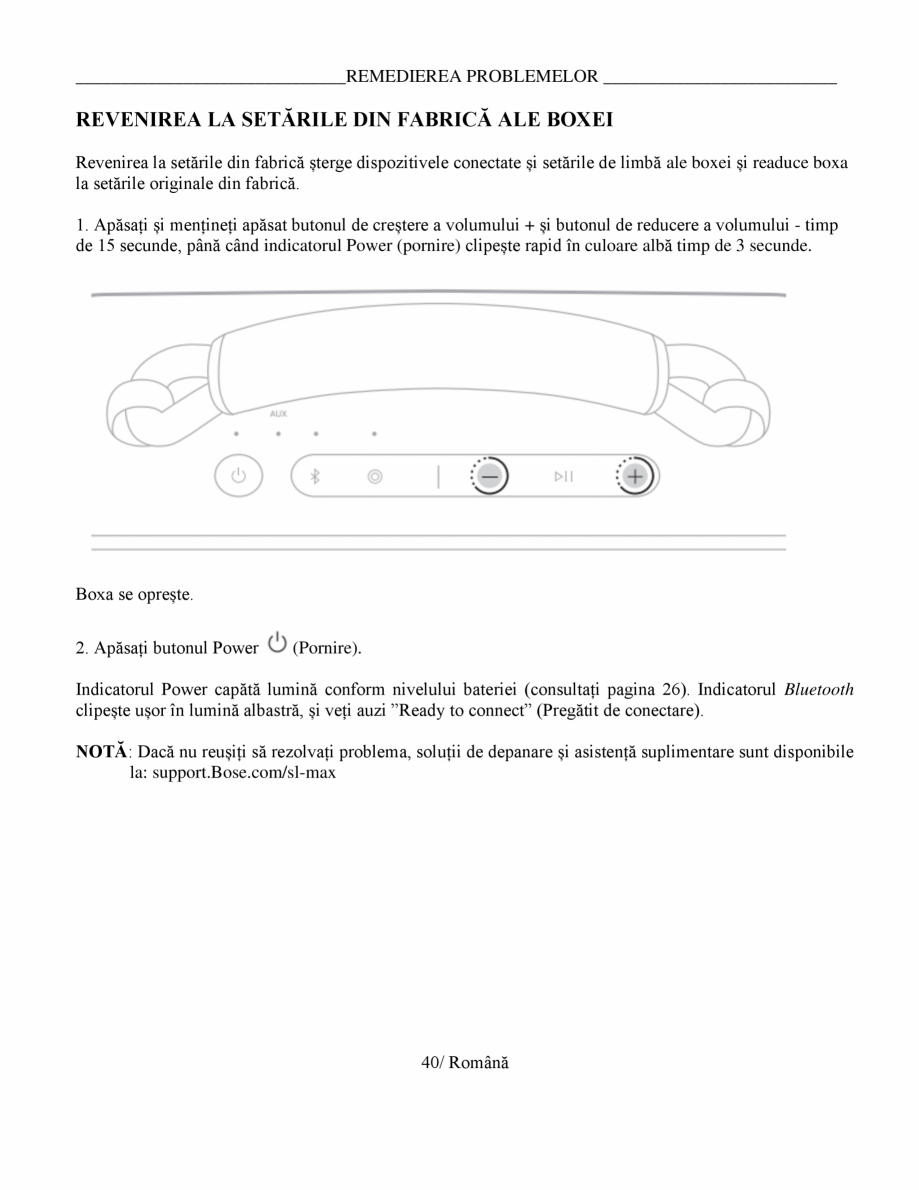 Pagina 40-Manual de utilizare - boxa portabila BOSE SoundLink Max Instructiuni montaj, utilizare Romana t...