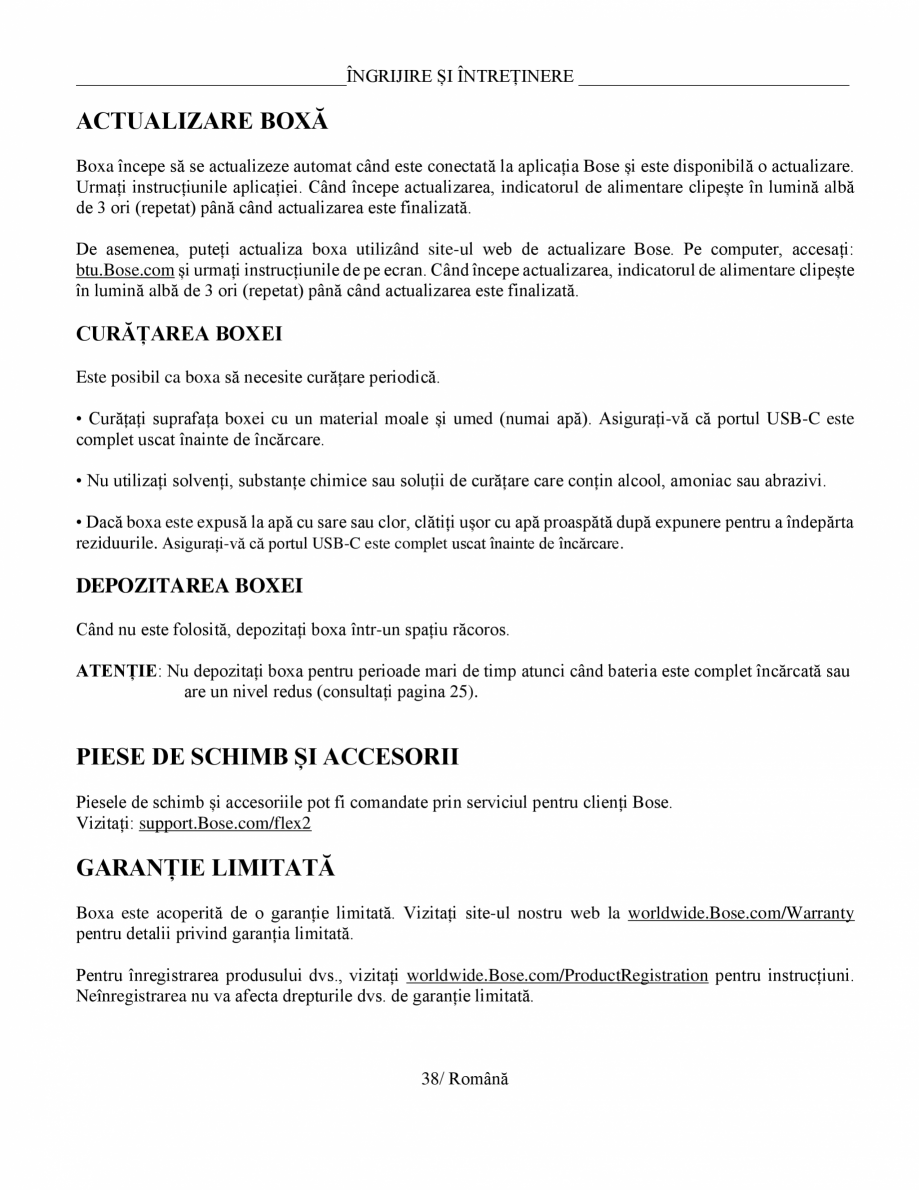 Pagina 38-Manual de utilizare boxa bluetooth Bose BOSE SoundLink Flex Gen2 Instructiuni montaj, utilizare...