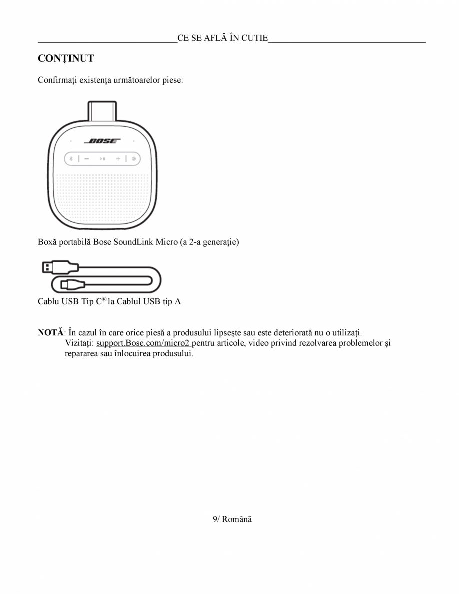 Pagina 8 - Manual de utilizare - boxa portabila BOSE SoundLink Micro Gen2 Instructiuni montaj,...