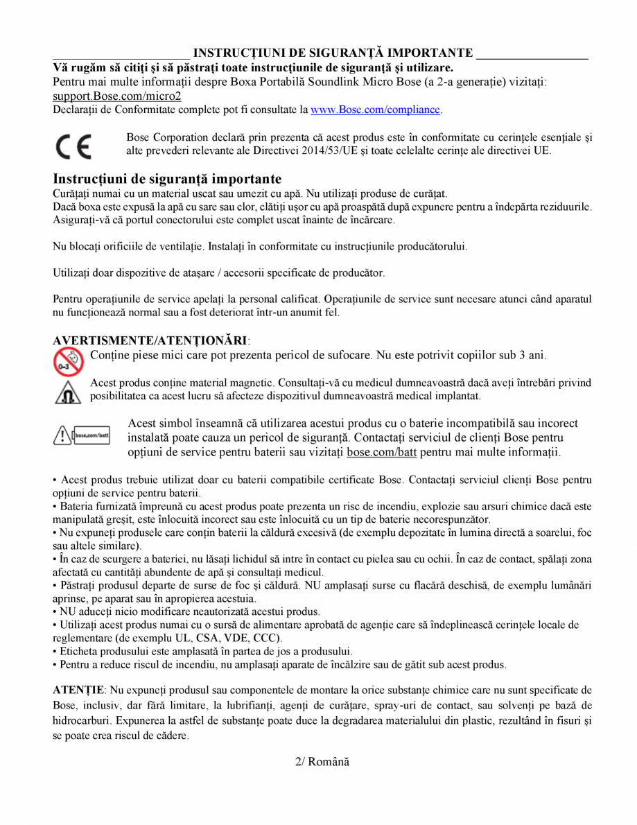 Pagina 20-Manual de utilizare - boxa portabila BOSE SoundLink Micro Gen2 Instructiuni montaj, utilizare Romana...
