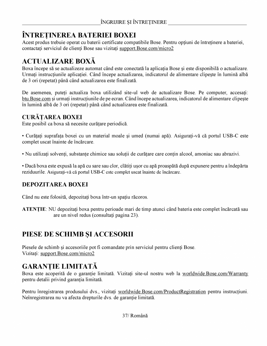 Pagina 37-Manual de utilizare - boxa portabila BOSE SoundLink Micro Gen2 Instructiuni montaj, utilizare Romana...