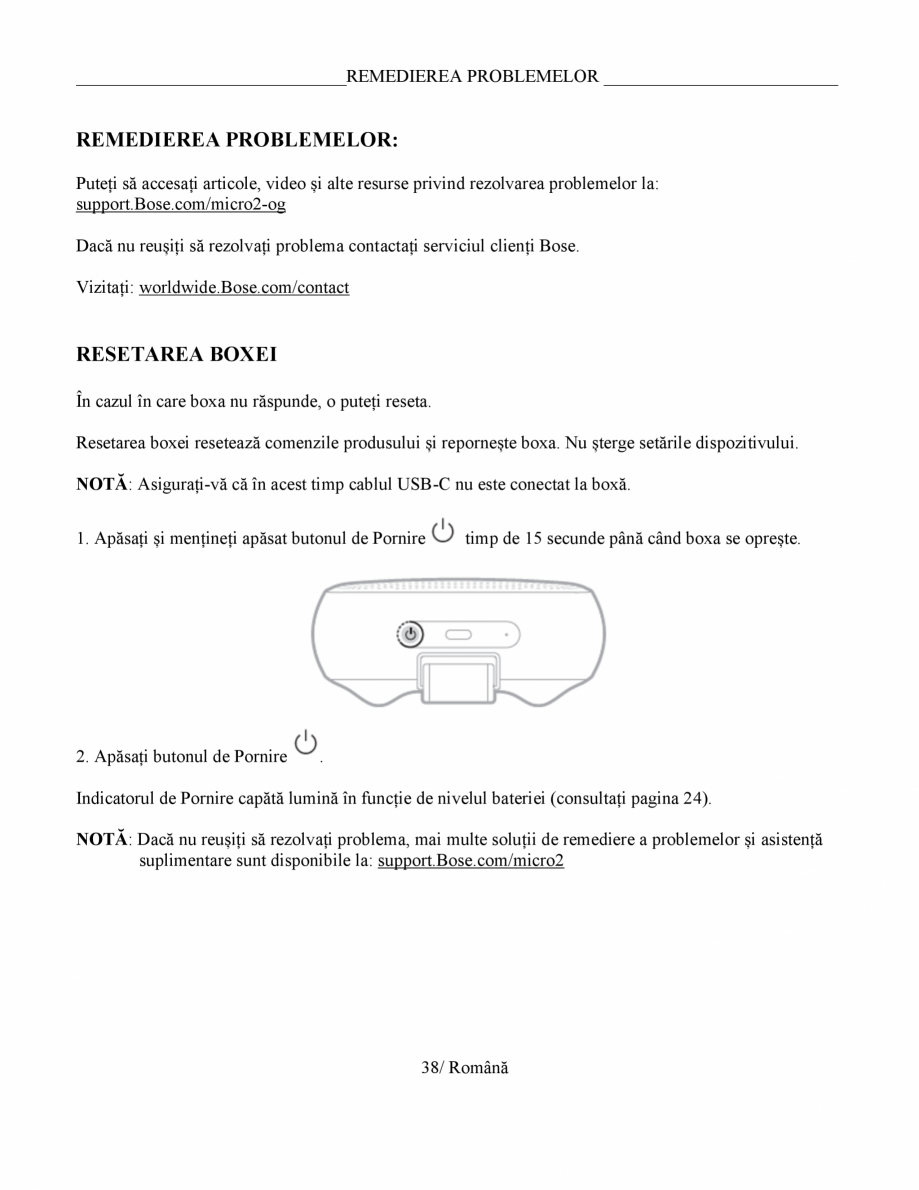 Pagina 38-Manual de utilizare - boxa portabila BOSE SoundLink Micro Gen2 Instructiuni montaj, utilizare Romana...