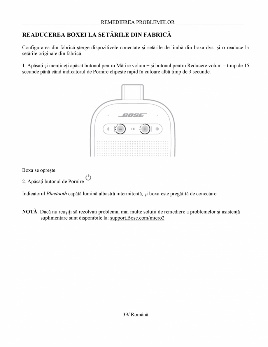 Pagina 39-Manual de utilizare - boxa portabila BOSE SoundLink Micro Gen2 Instructiuni montaj, utilizare Romana...
