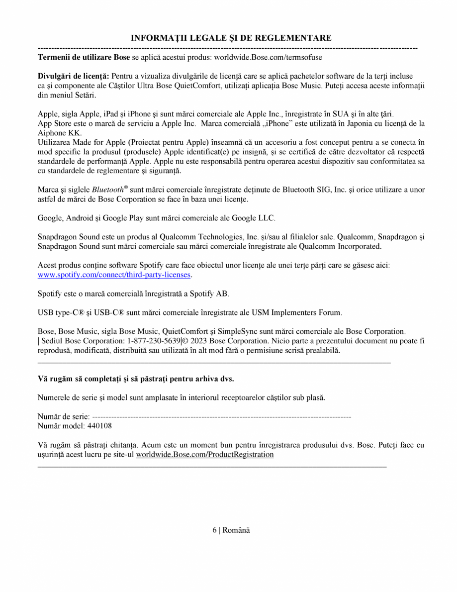 Pagina 6-Manual de utilizare pentru casti cu anularea zgomotului BOSE QuietComfort Ultra Headphones...