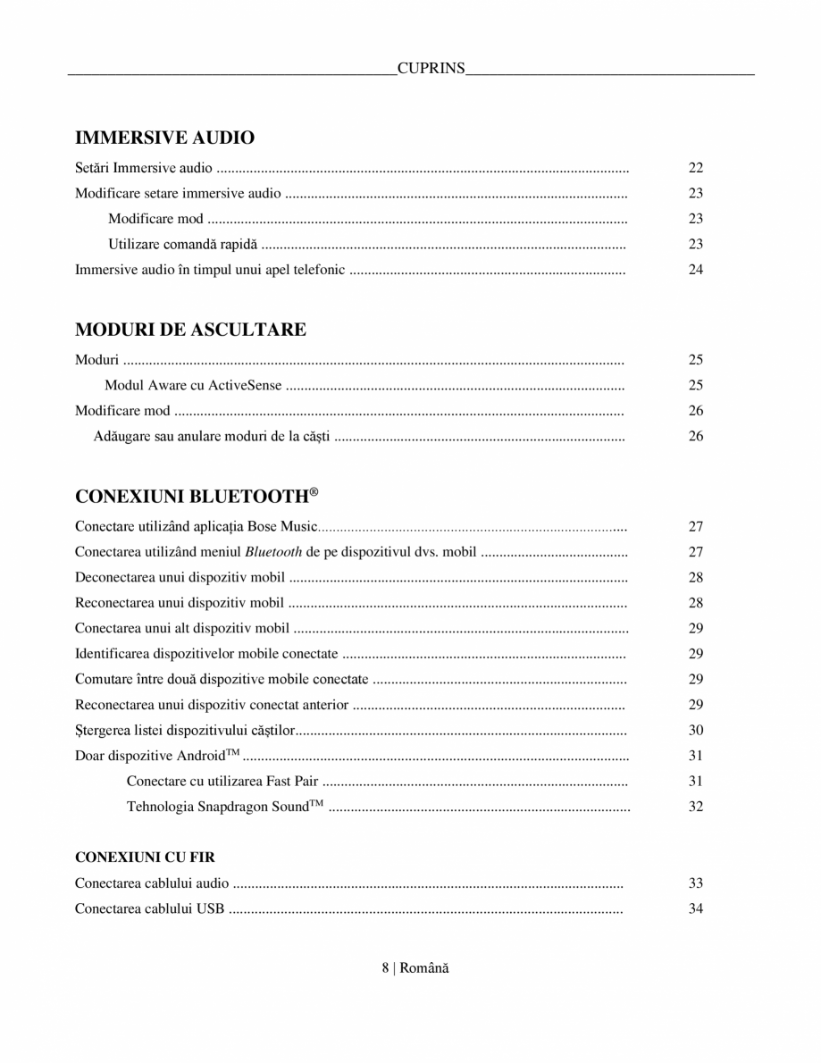 Pagina 8-Manual de utilizare pentru casti cu anularea zgomotului BOSE QuietComfort Ultra Headphones...