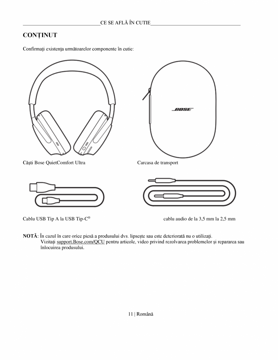 Pagina 11-Manual de utilizare pentru casti cu anularea zgomotului BOSE QuietComfort Ultra Headphones...