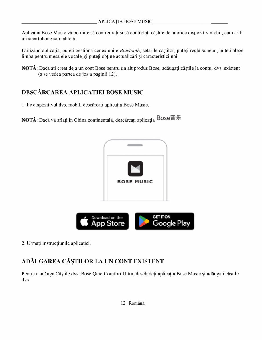 Pagina 12-Manual de utilizare pentru casti cu anularea zgomotului BOSE QuietComfort Ultra Headphones...