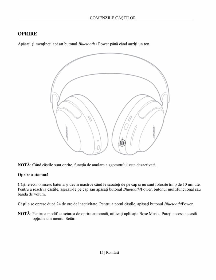 Pagina 15-Manual de utilizare pentru casti cu anularea zgomotului BOSE QuietComfort Ultra Headphones...