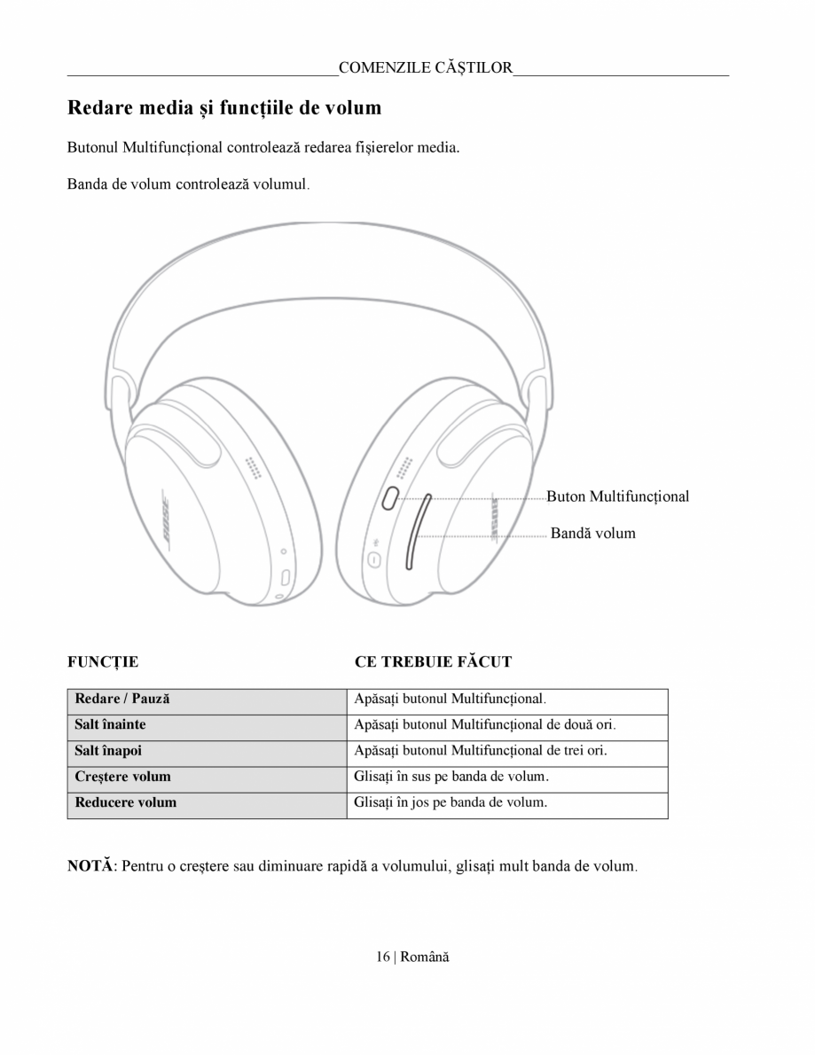 Pagina 16-Manual de utilizare pentru casti cu anularea zgomotului BOSE QuietComfort Ultra Headphones...