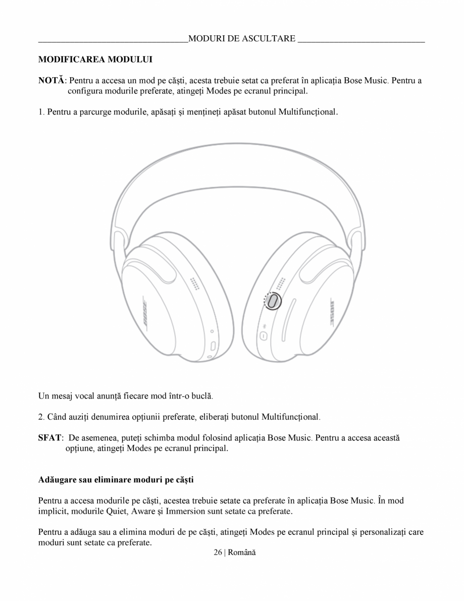 Pagina 26 - Manual de utilizare pentru casti cu anularea zgomotului BOSE QuietComfort Ultra...