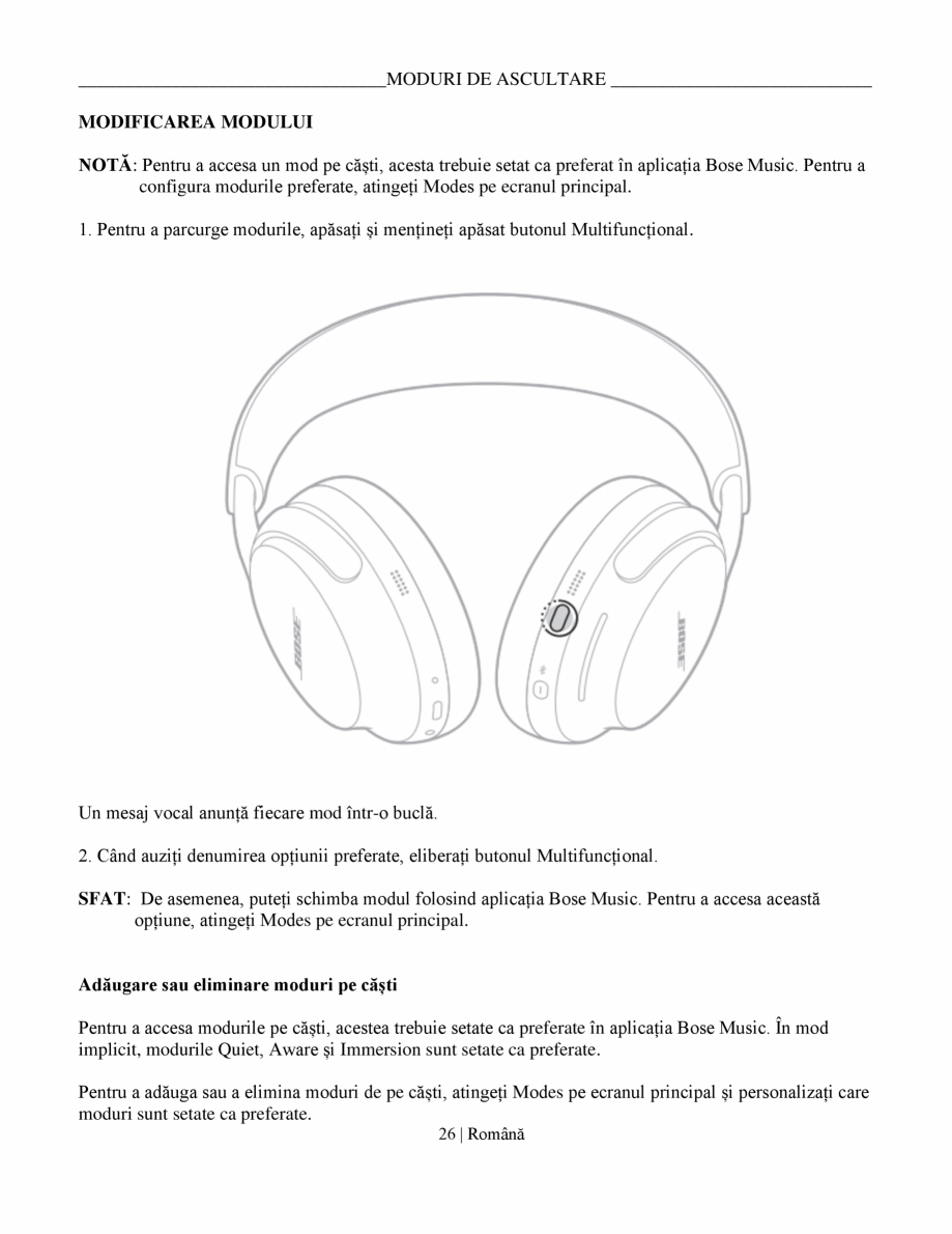 Pagina 26-Manual de utilizare pentru casti cu anularea zgomotului BOSE QuietComfort Ultra Headphones...