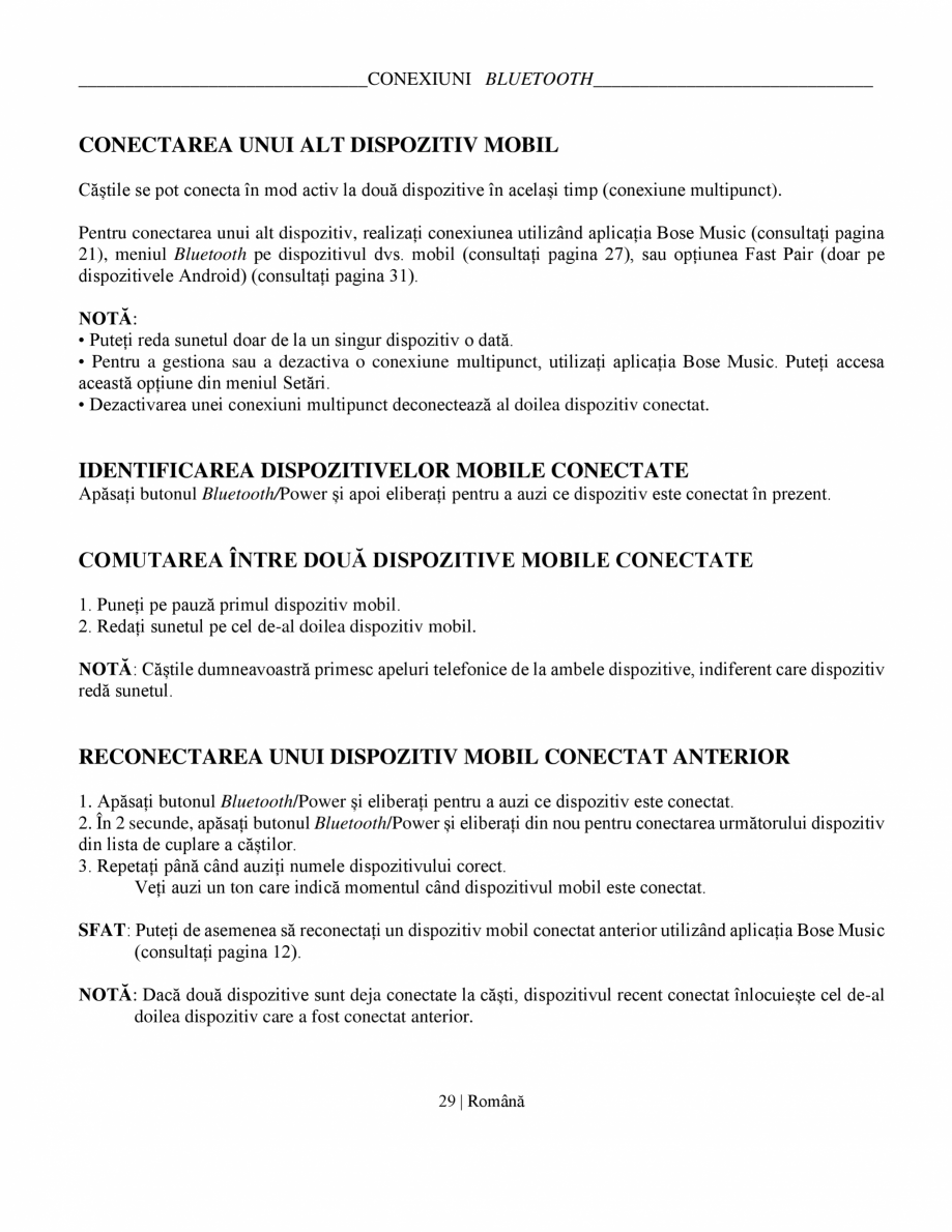 Pagina 29-Manual de utilizare pentru casti cu anularea zgomotului BOSE QuietComfort Ultra Headphones...