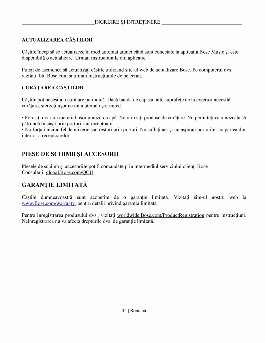 Pagina 44-Manual de utilizare pentru casti cu anularea zgomotului BOSE QuietComfort Ultra Headphones...