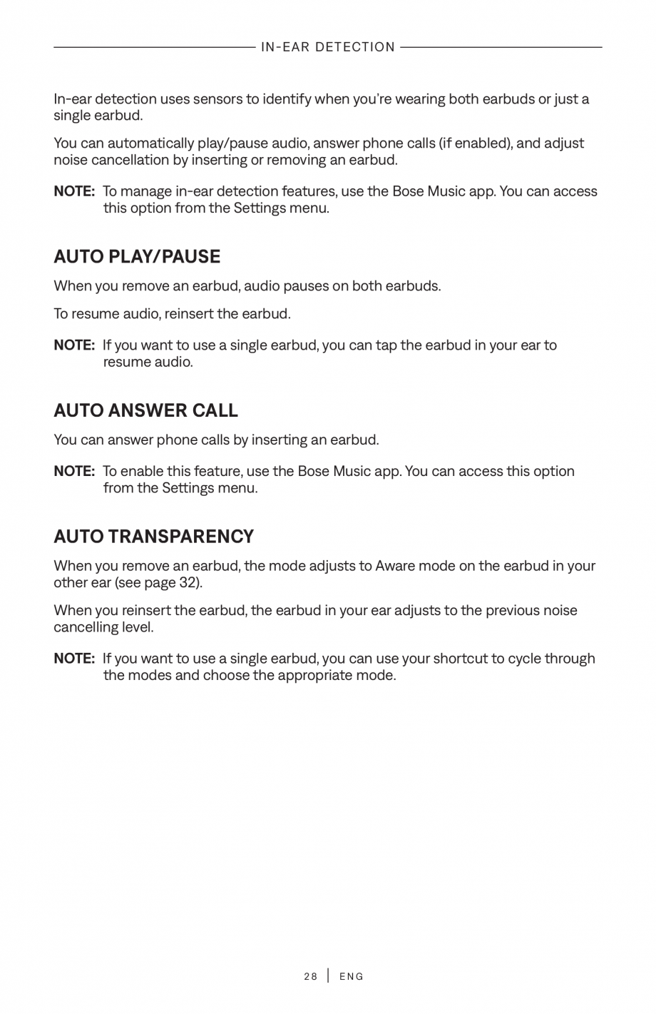 Pagina 28-Manual de utilizare pentru casti true wireless cu anularea zgomotului BOSE QuietComfort Ultra...