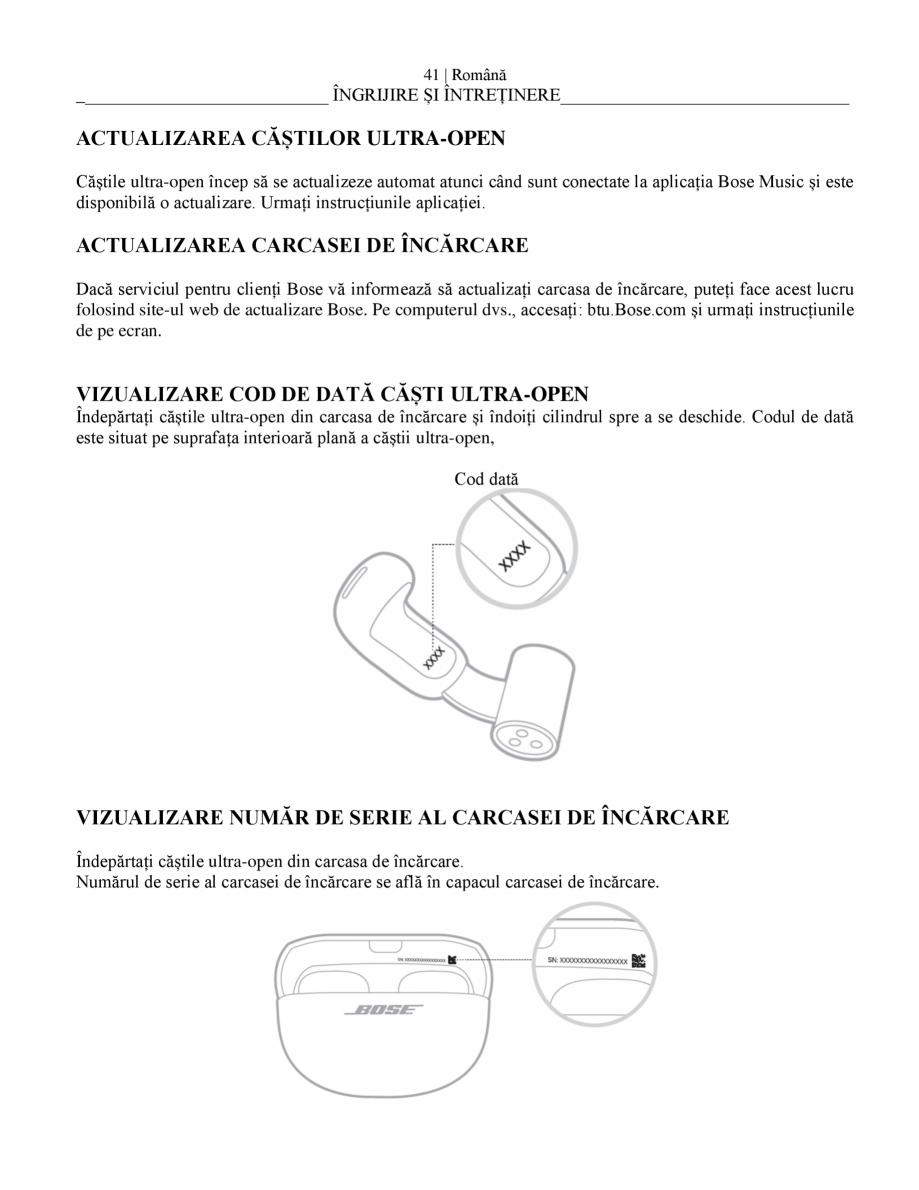 Pagina 43-Manual de utilizare pentru casti wireless cu anularea zgomotului  BOSE Ultra Open Earbuds...