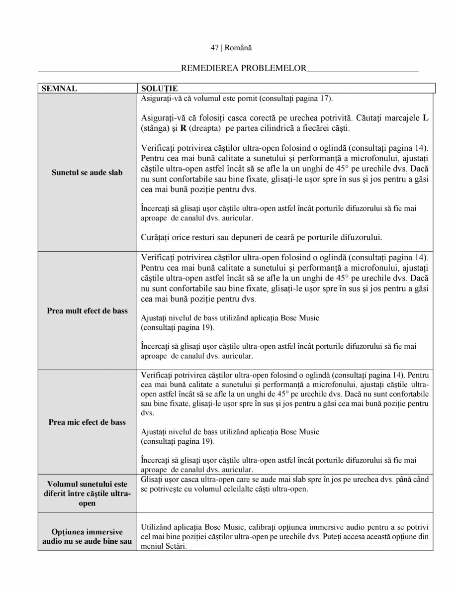 Pagina 49 - Manual de utilizare pentru casti wireless cu anularea zgomotului  BOSE Ultra Open...