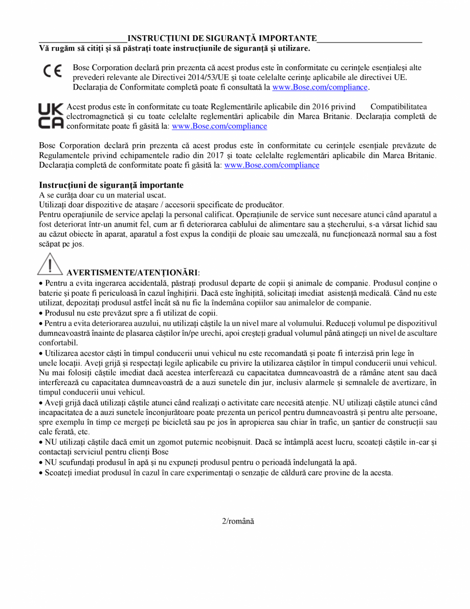 Pagina 2 - Manual de utilizare pentru casti cu anularea zgomotului BOSE Quiet Comfort Earbuds...